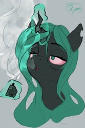 Size: 2017x3029 | Tagged: safe, artist:ryanmandraws, queen chrysalis, changeling, changeling queen, doodle, drugs, high, marijuana, sketch, smoking, solo, stoned, tired, vape