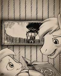 Size: 2000x2500 | Tagged: safe, artist:potes, oc, oc only, oc:comet trail, oc:drill bit, bird, earth pony, owl, pony, bedtime story, colt, crossover, fanfic art, fimfiction, foal, frostpunk, hatching (technique), male, monochrome, reading, sepia, signature, story in the source, window
