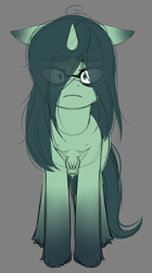 Size: 1870x3335 | Tagged: safe, artist:dibujito, oc, oc only, oc:nori, pony, unicorn, chest fluff, eye clipping through hair, female, glasses, gray background, hair over one eye, horn, long hair, long mane, looking at you, mare, messy mane, neet, simple background, solo, thick eyebrows