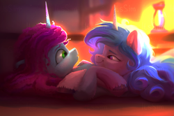 Size: 2789x1857 | Tagged: safe, artist:itssim, izzy moonbow, misty brightdawn, pony, unicorn, g5, duo, duo female, eye contact, female, horn, looking at each other, looking at someone, mare, smiling, unshorn fetlocks