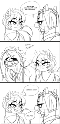 Size: 1944x3972 | Tagged: safe, artist:dibujito, oc, oc only, oc:dib, oc:nori, oc:tupu, earth pony, pony, unicorn, 3 panel comic, anxiety, anxious, blushing, comic, dialogue, ear piercing, earring, female, fetish, glasses, grossed out, horn, jewelry, lidded eyes, long hair, mare, monochrome, olfactophilia, open mouth, open smile, piercing, shaking, short hair, sketch, smiling, social anxiety, speech bubble, thick eyebrows, trio