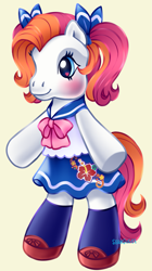 Size: 863x1536 | Tagged: safe, artist:serasugee, aloha pearl, earth pony, pony, g3, blue eyes, clothes, fanart, female, mare, pigtails, sailor uniform, simple background, solo, solo female, twintails, uniform, white fur