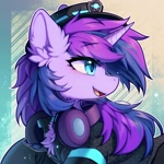 Size: 1800x1800 | Tagged: safe, artist:swaybat, oc, oc only, oc:cyan nova fae, pony, unicorn, abstract background, bust, chest fluff, clothes, ear fluff, hat, headphones, horn, open mouth, open smile, smiling, solo, unicorn oc