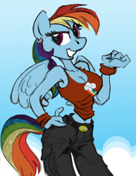 Size: 850x1100 | Tagged: safe, artist:trollie trollenberg, artist:wolfnanaki, rainbow dash, pegasus, anthro, breasts, cargo pants, cleavage, clothes, colored, ear piercing, earring, female, grin, jewelry, midriff, pants, piercing, smiling, smirk, solo, wasp waist