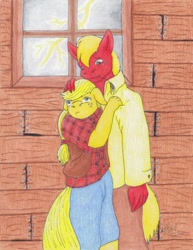 Size: 770x1000 | Tagged: safe, artist:lunarlight-prism, applejack, big macintosh, earth pony, anthro, g4, duo, duo male and female, female, hand on head, lightning, male, scared, straw in mouth, thunderstorm, traditional art, window, younger