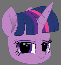 Size: 709x761 | Tagged: safe, artist:k. dale, twilight sparkle, pony, unicorn, g4, bust, female, gray background, head only, looking at you, movie accurate, simple background, smug, solo, unicorn twilight