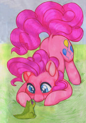 Size: 1638x2340 | Tagged: safe, artist:valeriakudlaeva, gummy, pinkie pie, alligator, earth pony, pony, g4, cute, diapinkes, duo, duo male and female, female, looking at each other, looking at someone, male, smiling, traditional art