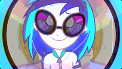 Size: 1920x1080 | Tagged: safe, artist:9hex, edit, edited screencap, screencap, dj pon-3, vinyl scratch, human, equestria girls, g4, animated, clothes, cute, female, gif, headphones, hypno eyes, hypnosis, hypnotized, kaa, kaa eyes, looking at each other, looking at someone, male, smiling, smiling at each other, sunglasses, vinylbetes
