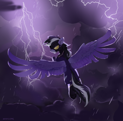 Size: 4208x4113 | Tagged: safe, artist:laymy, oc, oc only, oc:violett spectrum, pegasus, pony, clothes, costume, high res, lightning, male, rain, shadowbolts costume, solo, spread wings, wings