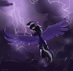 Size: 4208x4113 | Tagged: safe, artist:laymy, oc, oc only, oc:violett spectrum, pegasus, pony, absurd resolution, clothes, costume, lightning, male, rain, shadowbolts costume, solo, spread wings, wings