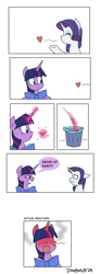 Size: 1896x5160 | Tagged: safe, artist:dimbulb, rarity, twilight sparkle, alicorn, pony, unicorn, g4, annoyed, blowing a kiss, blushing, blushing profusely, book, duo, duo female, female, heart, horn, lesbian, magic, reading, sad, ship:rarilight, shipping, steam, telekinesis, trash can, twilight sparkle (alicorn)