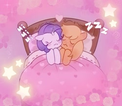 Size: 1661x1448 | Tagged: safe, artist:xxk1ttyl1tterxx, applejack, rarity, earth pony, pony, unicorn, g4, duo, duo female, female, horn, lesbian, ship:rarijack, shipping, sleeping, sleepy