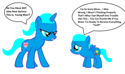 Size: 1656x980 | Tagged: safe, artist:memeartboi, pegasus, pony, unicorn, g4, angry, colt, crying, duo, duo male and female, female, foal, grounded, guilty, gumball watterson, heart, horn, male, mare, mother, mother and child, mother and son, nicole watterson, ponified, punishment, regret, remorse, sad, sad pony, scolded, scolding, simple background, sniffing, sorry, the amazing world of gumball, upset, white background, wings