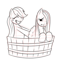 Size: 500x500 | Tagged: safe, artist:kloudmutt, applejack, fluttershy, pony, g4, bathing, bathtub, duo, duo female, female, grin, mare, simple background, sketch, smiling, white background