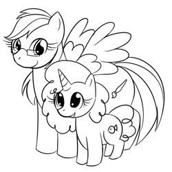 Size: 500x500 | Tagged: safe, artist:kloudmutt, oc, oc only, pegasus, pony, unicorn, duo, female, filly, foal, glasses, horn, mare, monochrome, simple background, smiling, white background