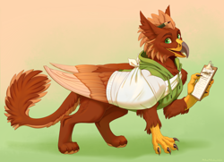 Size: 2690x1951 | Tagged: safe, artist:mihoku-san, oc, oc:pavlos, griffon, bandage, beak, broken bone, broken wing, cast, cheek fluff, claws, clipboard, clothes, colored wings, commission, eared griffon, gradient background, griffon oc, happy, injured, non-pony oc, nonbinary, pencil, simple background, sling, smiling, tail, wings