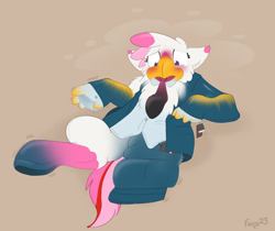 Size: 2096x1758 | Tagged: safe, artist:foxxy-arts, oc, oc only, oc:foxxy hooves, hippogriff, blushing, brown background, clothes, clothing transformation, female, formal wear, hippogriff oc, inanimate tf, mid-transformation, necktie, open mouth, price tag, shirt, simple background, solo, suit, transformation