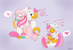 Size: 2317x1590 | Tagged: safe, artist:foxxy-arts, oc, oc only, oc:foxxy hooves, oc:medley, hippogriff, rabbit, animal, blushing, duo, duo female, female, furry, furry oc, furry to hippogriff, hippogriff oc, lidded eyes, open mouth, self paradox, self ponidox, transformation, transformation sequence