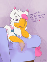 Size: 972x1280 | Tagged: safe, artist:foxxy-arts, oc, oc only, oc:foxxy hooves, hippogriff, bandana, bust, couch, cute, female, heart, hippogriff oc, implied transformation, lidded eyes, magic, portrait, solo, talking to viewer