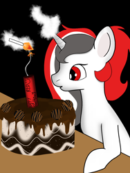 Size: 1140x1515 | Tagged: safe, artist:wh189, oc, oc:red rocket, unicorn, birthday, cake, candle, dynamite, explosives, food, horn, magic, table