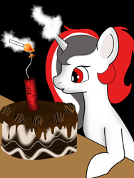 Size: 1140x1515 | Tagged: safe, artist:wh189, oc, oc only, oc:red rocket, pony, unicorn, birthday, cake, candle, dynamite, explosives, food, horn, lighter, magic, solo, table