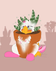 Size: 1019x1280 | Tagged: safe, artist:foxxy-arts, oc, oc only, oc:foxxy hooves, hippogriff, aloe plant, blushing, female, hippogriff oc, inanimate tf, mid-transformation, open mouth, plant, plant transformation, pot, potted plant, shadow, solo, transformation