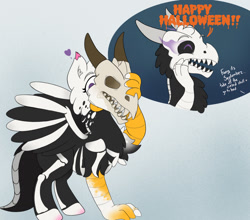 Size: 1280x1126 | Tagged: safe, artist:foxxy-arts, oc, oc only, oc:foxxy hooves, dragon, hippogriff, bone, eyes closed, female, halloween, heart, hippogriff oc, hippogriff to dragon, holiday, open mouth, skeleton, skull, solo, species swap, transformation, transformation sequence