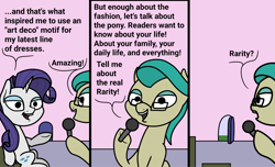 Size: 2048x1249 | Tagged: safe, artist:ewoudcponies, rarity, earth pony, pony, unicorn, g4, duo, female, horn, interview, journalist, microphone