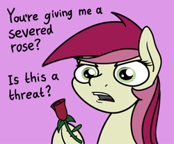 Size: 2048x1688 | Tagged: safe, artist:ewoudcponies, roseluck, earth pony, pony, g4, female, flower, open mouth, pink background, rose, roseluck is not amused, simple background, solo