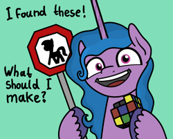 Size: 2048x1644 | Tagged: safe, artist:ewoudcponies, izzy moonbow, pony, unicorn, g5, colored hooves, female, green background, horn, looking at you, mare, open mouth, open smile, rubik's cube, sign, simple background, smiling, smiling at you, solo, unshorn fetlocks