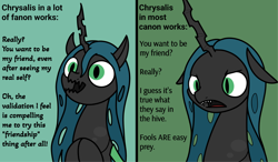 Size: 2048x1196 | Tagged: safe, artist:ewoudcponies, queen chrysalis, changeling, changeling queen, g4, comparison, fanon vs canon, female, green background, simple background, solo