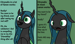 Size: 2048x1196 | Tagged: safe, artist:ewoudcponies, queen chrysalis, changeling, changeling queen, g4, comparison, draco in leather pants, fanon vs canon, female, green background, simple background, solo