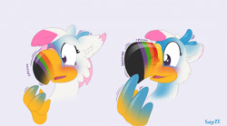 Size: 1280x710 | Tagged: safe, artist:foxxy-arts, oc, oc only, oc:foxxy hooves, bird, hippogriff, toucan, blushing, female to male, hippogriff oc, open mouth, open smile, smiling, solo, toucan sam, transformation, transformation sequence, transgender transformation