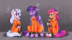 Size: 5231x2917 | Tagged: safe, artist:redsnout, sunny starscout, twilight, twilight sparkle, alicorn, g1, g4, g5, chained, chains, clothes, commissioner:rainbowdash69, cuffed, cuffs, female, height difference, horn, horn ring, magic suppression, mare, nervous, nervous smile, never doubt rainbowdash69's involvement, prison jumpsuit, prison outfit, prisoner ss, prisoner ts, ring, shackles, smiling, sunny and her heroine, trio, twilight sparkle (alicorn), unshorn fetlocks