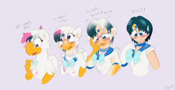 Size: 1280x658 | Tagged: safe, artist:foxxy-arts, oc, oc:foxxy hooves, hippogriff, human, blushing, bowtie, eye clipping through hair, female, heart, hippogriff oc, hippogriff to human, japanese, open mouth, sailor mercury, sailor moon (series), speech change, transformation, transformation sequence