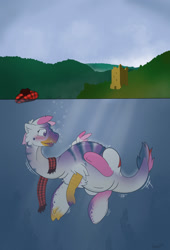 Size: 869x1280 | Tagged: safe, artist:foxxy-arts, oc, oc only, oc:foxxy hooves, dinosaur, hippogriff, plesiosaur, blushing, bubble, clothes, dinosaurified, female, hat, hippogriff oc, loch ness monster, mid-transformation, open mouth, scarf, scotland, solo, species swap, transformation, underwater, water