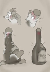 Size: 884x1280 | Tagged: safe, artist:foxxy-arts, oc, oc only, oc:foxxy hooves, hippogriff, alcohol, blushing, bottle, champagne, cork, eyes closed, female, hippogriff oc, inanimate tf, lidded eyes, monochrome, solo, sweat, transformation, transformation sequence, wine, wine bottle