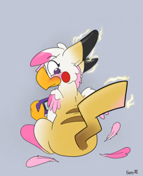 Size: 1043x1280 | Tagged: safe, artist:foxxy-arts, oc, oc only, oc:foxxy hooves, hippogriff, pikachu, blushing, butt, electricity, female to male, hippogriff oc, looking back, mid-transformation, playing, plot, pokefied, pokémon, solo, species swap, transformation, transgender transformation