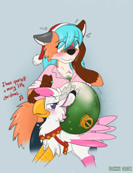 Size: 988x1280 | Tagged: safe, artist:foxxy-arts, oc, oc only, oc:foxxy hooves, fox, hippogriff, antlers, bauble, bell, belly, blushing, christmas, duo, duo female, eye clipping through hair, fake antlers, female, furry, furry oc, hat, hippogriff oc, holiday, inanimate tf, lidded eyes, mid-transformation, music notes, open mouth, open smile, ornament, santa hat, smiling, sweat, transformation