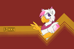 Size: 1280x855 | Tagged: safe, artist:foxxy-arts, oc, oc only, oc:foxxy hooves, hippogriff, aesthetics, bandana, blushing, famicom, female, hippogriff oc, open mouth, open smile, red background, simple background, smiling, solo