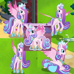 Size: 720x720 | Tagged: safe, editor:megalobronia, gameloft, princess flurry heart, alicorn, pony, g4, adult flurry heart, collage, crown, female, flying, game screencap, gauntlet, hoof shoes, jewelry, lying down, older, older flurry heart, peytral, ponyloaf, prone, regalia, sitting, slender, spread wings, tall, thin, wings