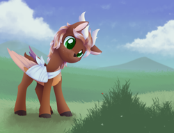 Size: 3072x2352 | Tagged: safe, artist:dusthiel, oc, oc only, oc:leafy skies, deer, deer pony, insect, ladybug, original species, peryton, bandage, bandaged wing, brown coat, cloud, colored pinnae, commission, confused, facial freckles, freckles, grass, green eyes, looking at something, pale belly, sky, solo, standing, wings