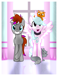 Size: 958x1257 | Tagged: safe, artist:equestriaexploration, oc, oc only, oc:meadow step, alicorn, cat, earth pony, pony, elements of justice, duo, duo male and female, female, male, mare, reflection, stallion