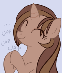Size: 484x566 | Tagged: safe, artist:clovercoin, oc, oc only, oc:mocha delight, pony, unicorn, ^^, bust, clapping, clapping ponies, eyes closed, female, horn, mare, simple background, solo