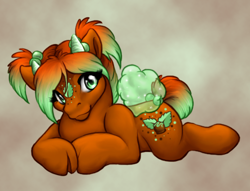 Size: 500x382 | Tagged: safe, artist:clemikou, oc, oc only, flutter pony, goat, goat pony, original species, pony, female, lying down, pigtails, prone, solo