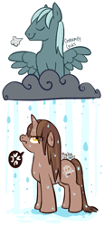 Size: 517x1124 | Tagged: safe, artist:clovercoin, oc, oc only, oc:grumpy gus, oc:mocha delight, pegasus, pony, unicorn, cloud, cross-popping veins, duo, emanata, female, horn, male, mare, pictogram, rain, simple background, stallion, wet, wet mane, white background