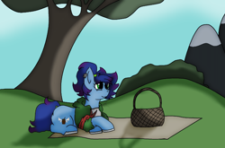 Size: 1440x948 | Tagged: safe, artist:thomas.senko, oc, oc only, oc:sunrise heaven, earth pony, basket, blue hair, blue skin, blue sky, female, green eyes, happy, heart, mare, mountain, picnic, picnic basket, picnic blanket, pink hair, smiley face, smiling, solo, tree, white hooves