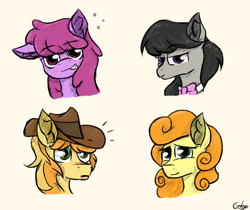 Size: 1063x891 | Tagged: safe, artist:gotyx96, berry punch, berryshine, braeburn, carrot top, golden harvest, octavia melody, earth pony, pony, black mane, blushing, bowtie, bust, cowboy hat, drunk, drunk bubbles, ear fluff, gray coat, green eyes, hat, magenta eyes, magenta mane, orange mane, purple coat, purple eyes, simple background, two toned mane, yellow coat