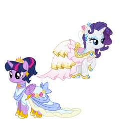 Size: 1233x1268 | Tagged: safe, artist:dazzle, rarity, twilight sparkle, alicorn, pony, unicorn, g4, clothes, dress, duo, duo female, ear piercing, earring, female, horn, jewelry, mare, piercing, saddle, simple background, tack, transparent background, twilight sparkle (alicorn), updo, wedding dress