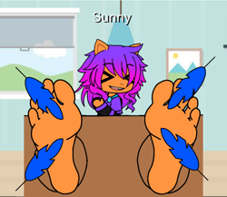 Size: 720x625 | Tagged: safe, artist:bigboyj2007, sunny starscout, earth pony, human, pony, g5, alternate hairstyle, feather, feet, female, gacha life, laughing, solo, solo female, text, tickling